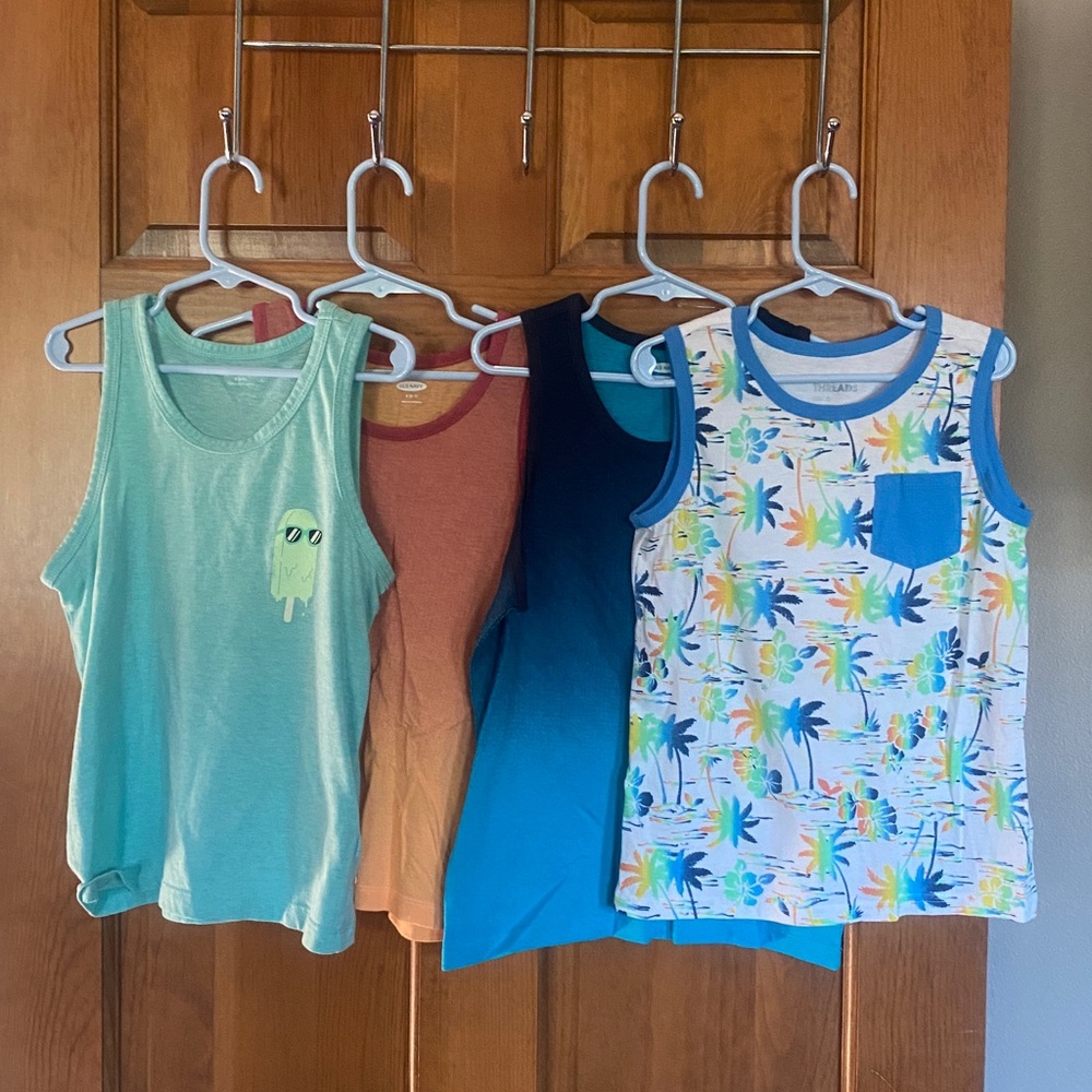 Old Navy & Epic Threads tanks, size S. Palm trees, blue, orange, mint.